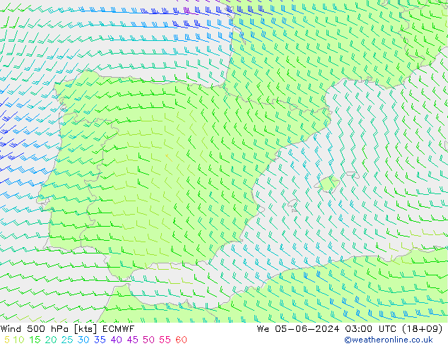 Vento 500 hPa ECMWF Qua 05.06.2024 03 UTC