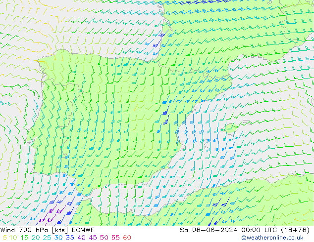 Wind 700 hPa ECMWF So 08.06.2024 00 UTC