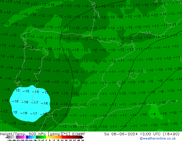 Height/Temp. 500 hPa ECMWF Sa 08.06.2024 12 UTC