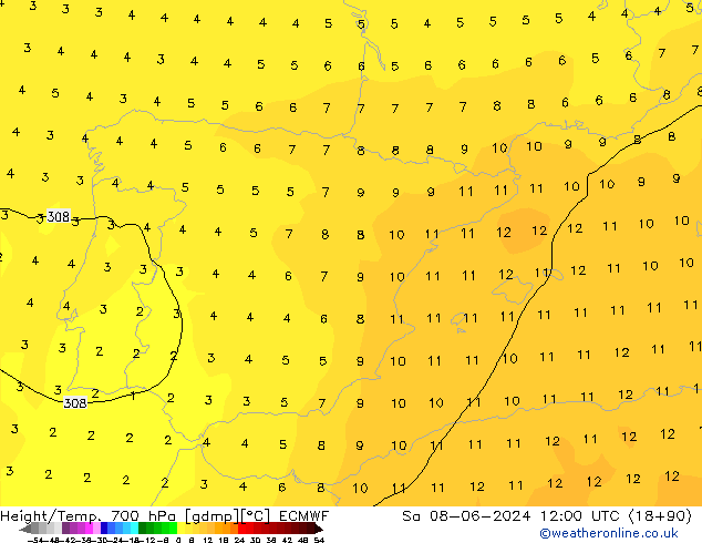 Height/Temp. 700 hPa ECMWF sab 08.06.2024 12 UTC