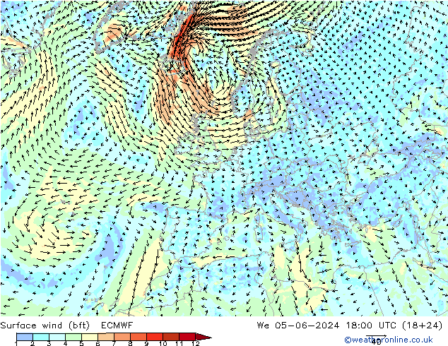 Surface wind (bft) ECMWF We 05.06.2024 18 UTC