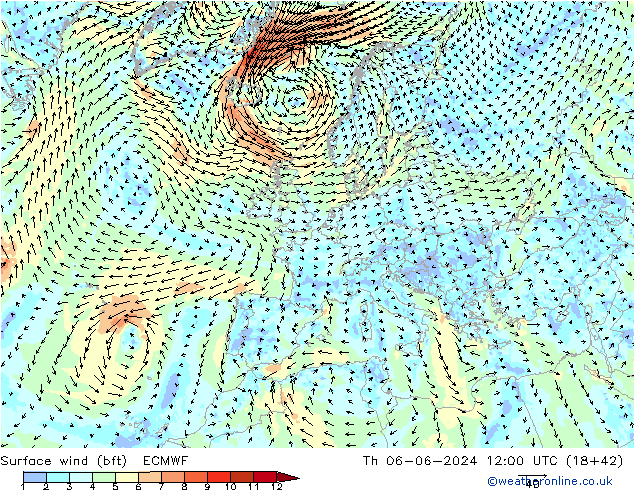 Vento 10 m (bft) ECMWF gio 06.06.2024 12 UTC