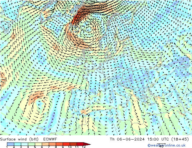 Rüzgar 10 m (bft) ECMWF Per 06.06.2024 15 UTC