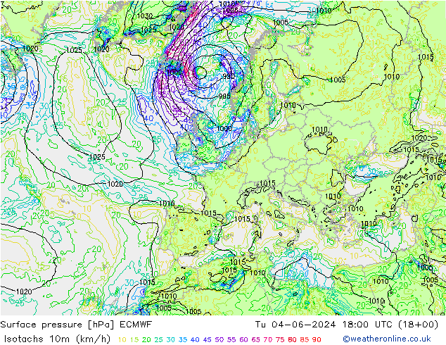 Eşrüzgar Hızları (km/sa) ECMWF Sa 04.06.2024 18 UTC