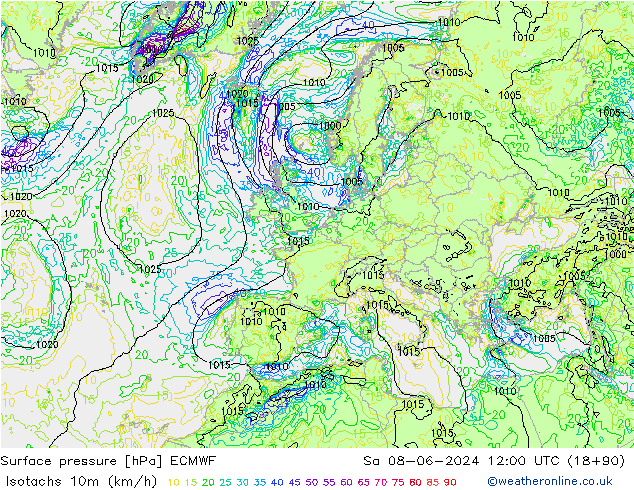 Isotachs (kph) ECMWF Sa 08.06.2024 12 UTC