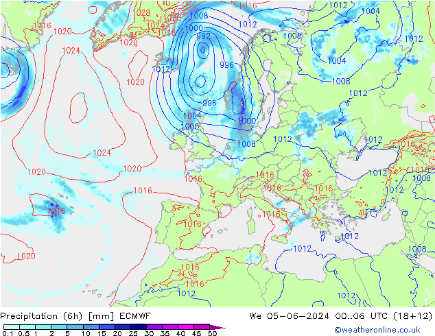 Z500/Rain (+SLP)/Z850 ECMWF mer 05.06.2024 06 UTC