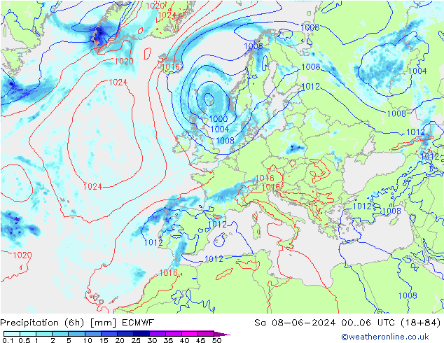 Z500/Rain (+SLP)/Z850 ECMWF Sáb 08.06.2024 06 UTC