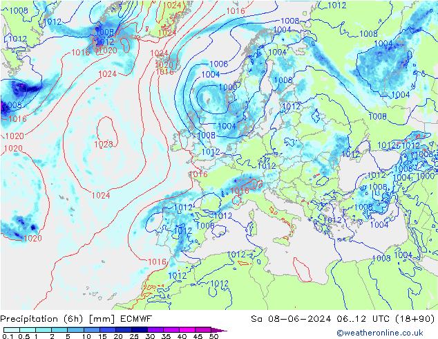 Precipitação (6h) ECMWF Sáb 08.06.2024 12 UTC