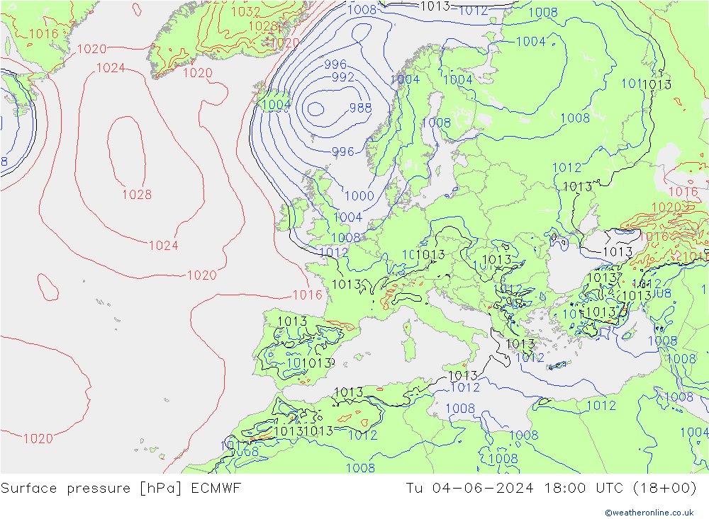 Surface pressure ECMWF Tu 04.06.2024 18 UTC