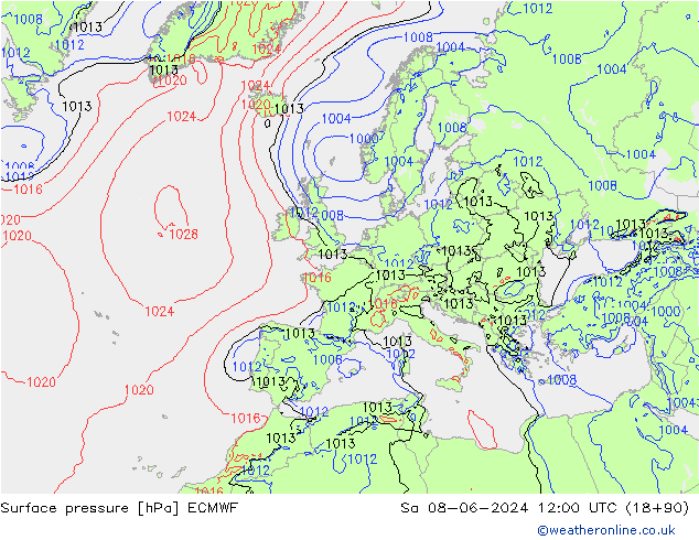 Surface pressure ECMWF Sa 08.06.2024 12 UTC