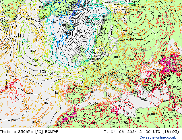 Theta-e 850hPa ECMWF Tu 04.06.2024 21 UTC