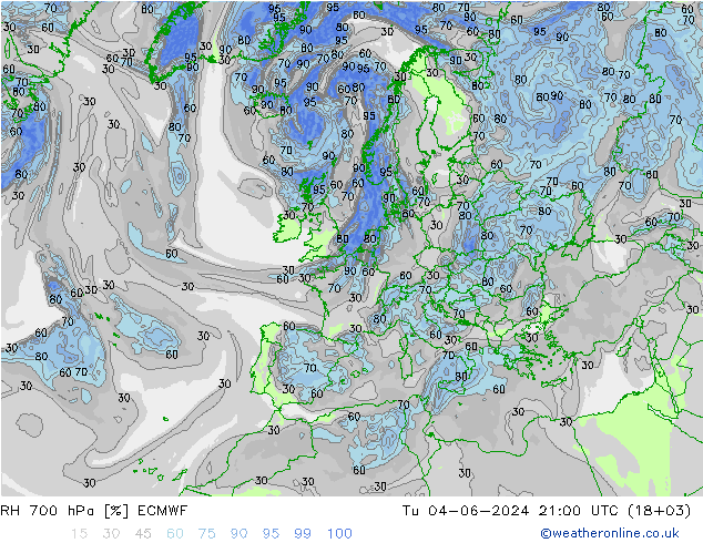 RH 700 hPa ECMWF Di 04.06.2024 21 UTC