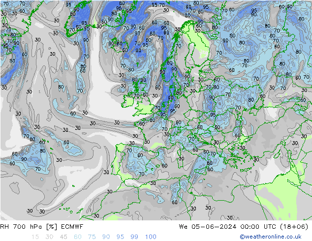 RH 700 hPa ECMWF 星期三 05.06.2024 00 UTC