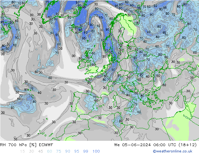 RH 700 hPa ECMWF śro. 05.06.2024 06 UTC