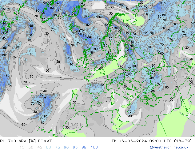 RH 700 hPa ECMWF Th 06.06.2024 09 UTC