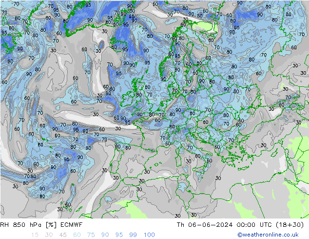 RH 850 hPa ECMWF Th 06.06.2024 00 UTC