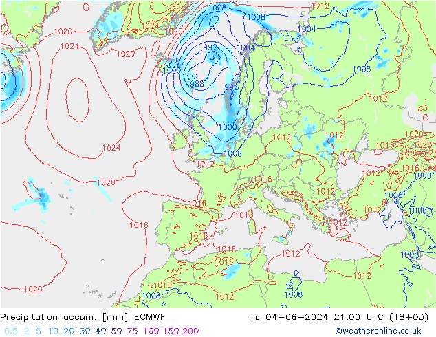 Precipitation accum. ECMWF Tu 04.06.2024 21 UTC
