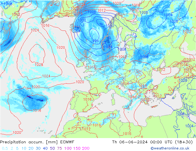 Precipitation accum. ECMWF czw. 06.06.2024 00 UTC