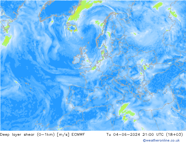 Deep layer shear (0-1km) ECMWF Ter 04.06.2024 21 UTC