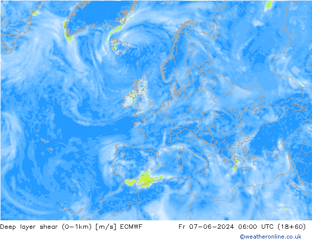 Deep layer shear (0-1km) ECMWF ven 07.06.2024 06 UTC