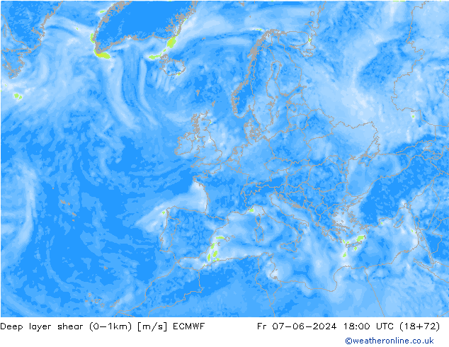 Deep layer shear (0-1km) ECMWF  07.06.2024 18 UTC