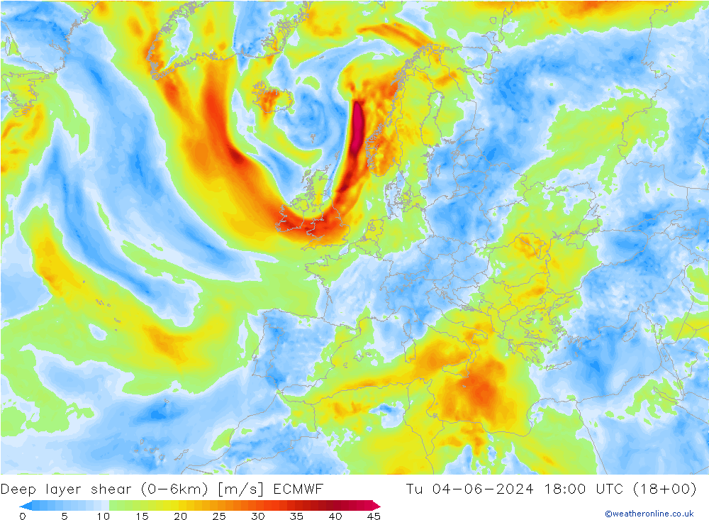 Deep layer shear (0-6km) ECMWF Di 04.06.2024 18 UTC