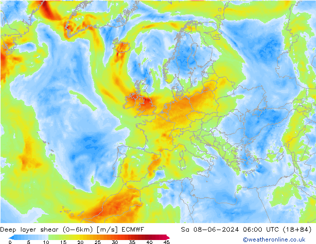 Deep layer shear (0-6km) ECMWF Sa 08.06.2024 06 UTC