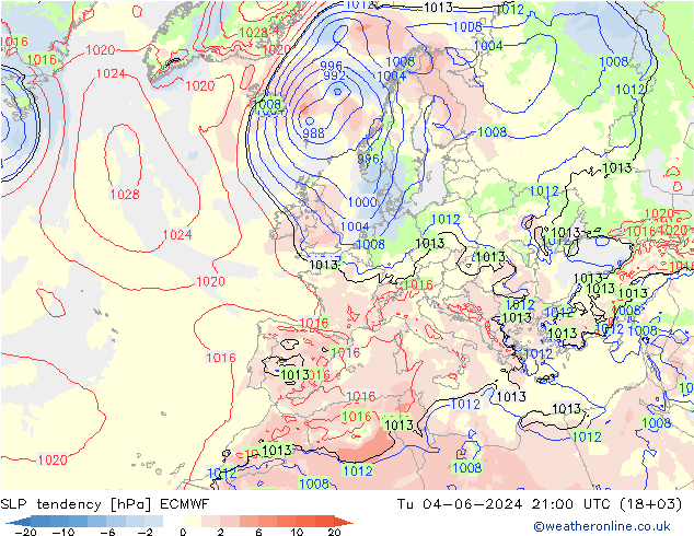 SLP tendency ECMWF Tu 04.06.2024 21 UTC