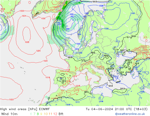 High wind areas ECMWF 星期二 04.06.2024 21 UTC