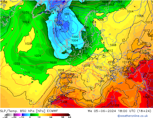 SLP/Temp. 850 гПа ECMWF ср 05.06.2024 18 UTC