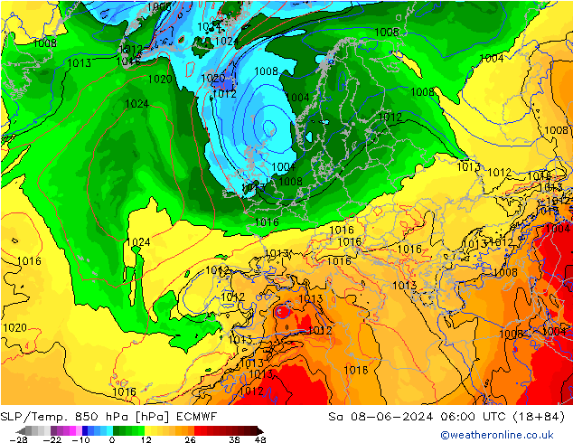 SLP/Temp. 850 hPa ECMWF Sa 08.06.2024 06 UTC