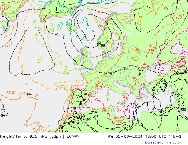 Hoogte/Temp. 925 hPa ECMWF wo 05.06.2024 18 UTC