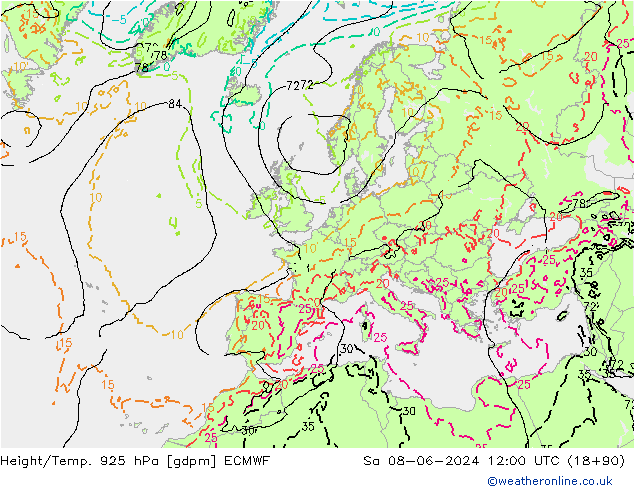 Height/Temp. 925 hPa ECMWF Sa 08.06.2024 12 UTC