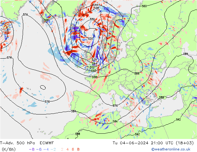 T-Adv. 500 hPa ECMWF wto. 04.06.2024 21 UTC