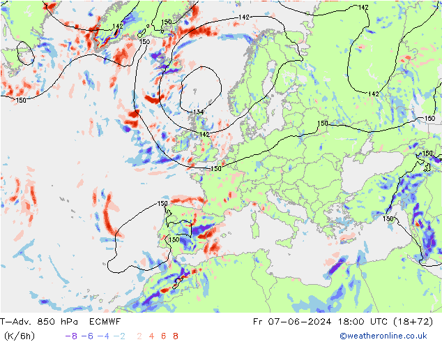 T-Adv. 850 гПа ECMWF пт 07.06.2024 18 UTC