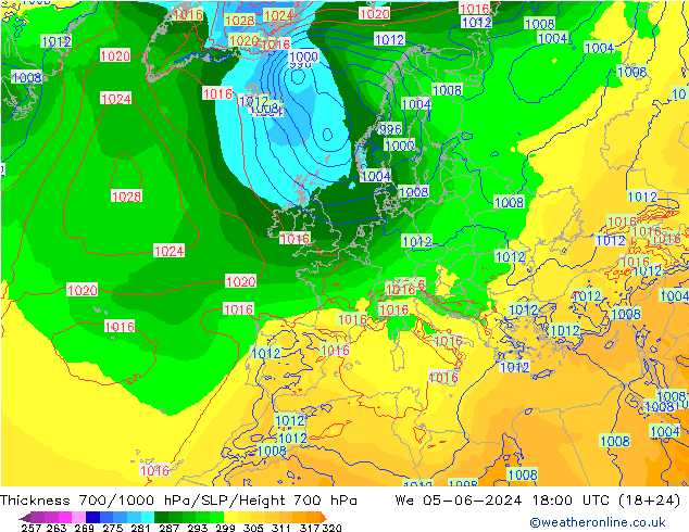 Schichtdicke 700-1000 hPa ECMWF Mi 05.06.2024 18 UTC