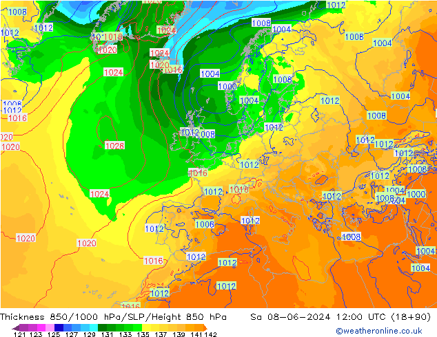 Dikte 850-1000 hPa ECMWF za 08.06.2024 12 UTC