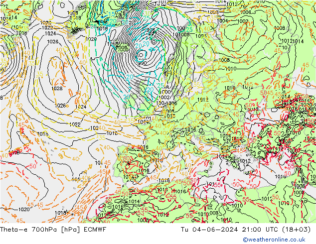 Theta-e 700hPa ECMWF Tu 04.06.2024 21 UTC