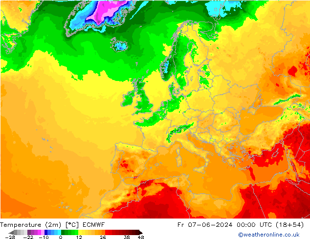 Temperaturkarte (2m) ECMWF Fr 07.06.2024 00 UTC