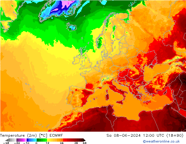 Temperatura (2m) ECMWF sab 08.06.2024 12 UTC