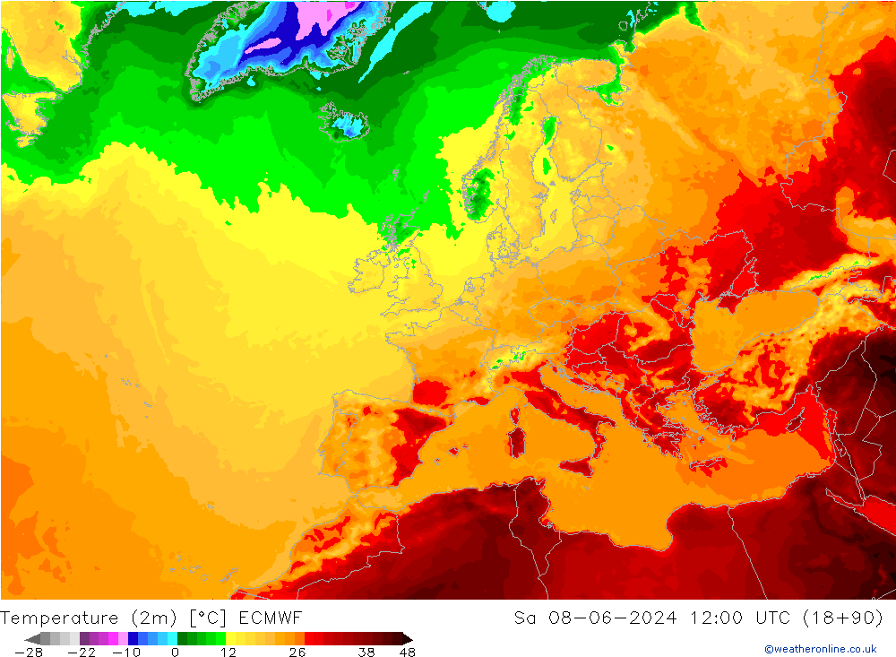 mapa temperatury (2m) ECMWF so. 08.06.2024 12 UTC