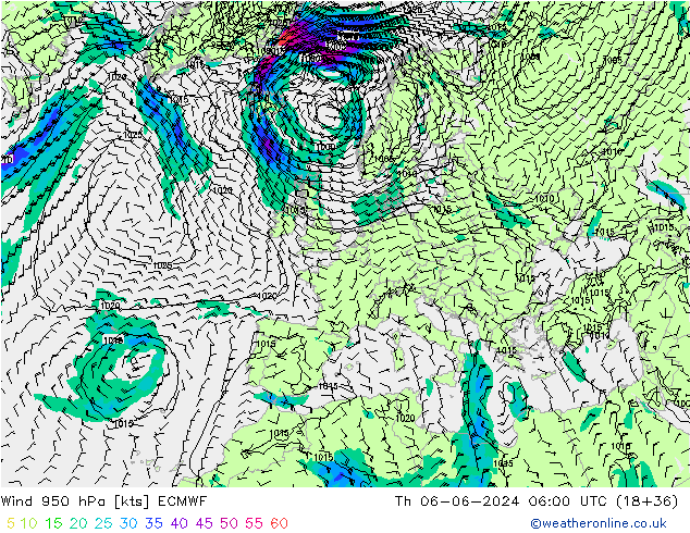 Vento 950 hPa ECMWF Qui 06.06.2024 06 UTC