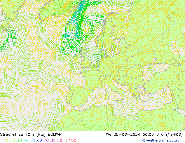 Linia prądu 10m ECMWF śro. 05.06.2024 00 UTC