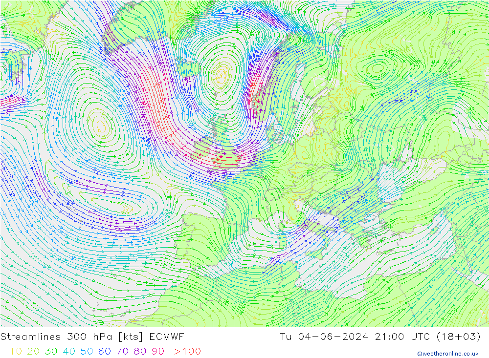Línea de corriente 300 hPa ECMWF mar 04.06.2024 21 UTC