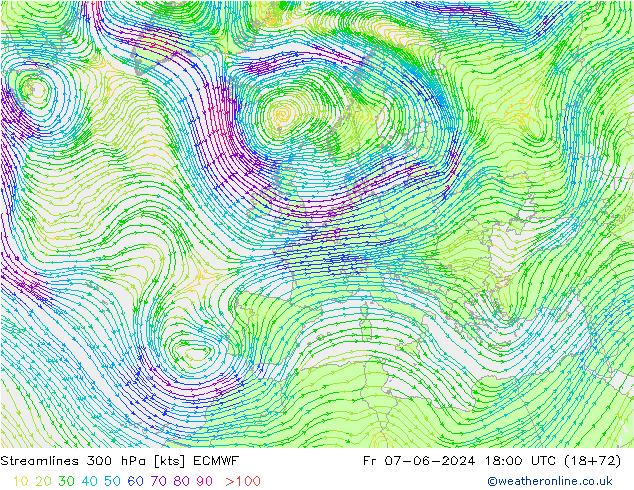 Stromlinien 300 hPa ECMWF Fr 07.06.2024 18 UTC