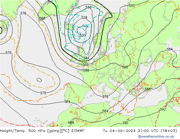 Hoogte/Temp. 500 hPa ECMWF di 04.06.2024 21 UTC