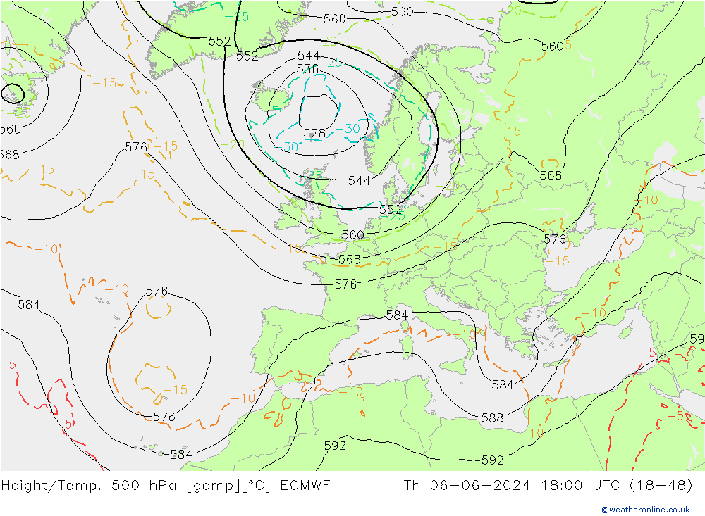 Z500/Rain (+SLP)/Z850 ECMWF czw. 06.06.2024 18 UTC