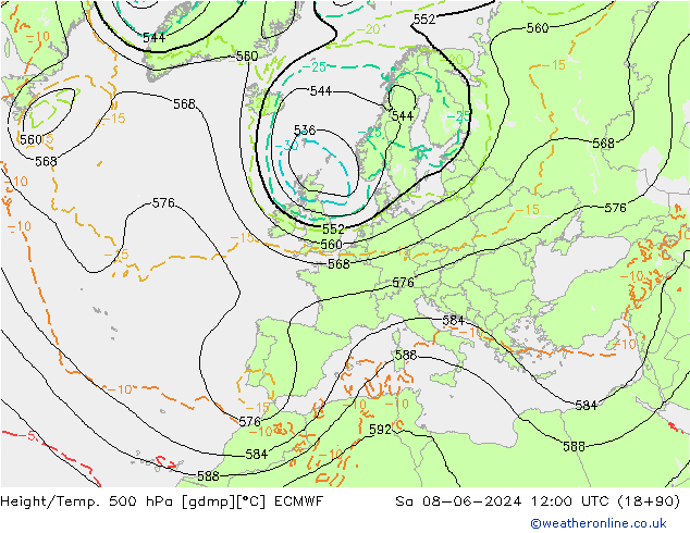 Height/Temp. 500 hPa ECMWF 星期六 08.06.2024 12 UTC