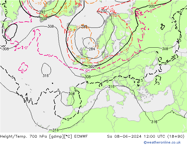 Height/Temp. 700 hPa ECMWF Sáb 08.06.2024 12 UTC