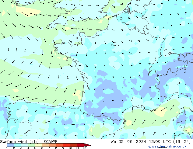 Vento 10 m (bft) ECMWF Qua 05.06.2024 18 UTC